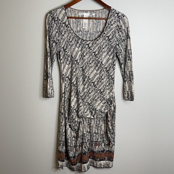 VINTAGE Max Studio Retro Print Dress Drop Waist Tied Side  Long Sleeve Size M - Picture 14 of 14